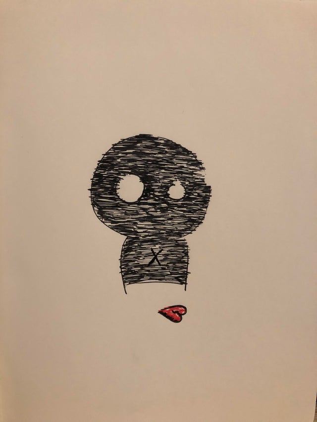 An abstract drawing of a cartoon-looking silhouette of a figure with a round head and differently sized round eyes with no details in them. The body cuts off just under the shoulders and has a little x in the middle. The figure is filled in with black scribbles, and there is a small red heart (a symbol, not an anatomically correct heart) under where the figure ends.