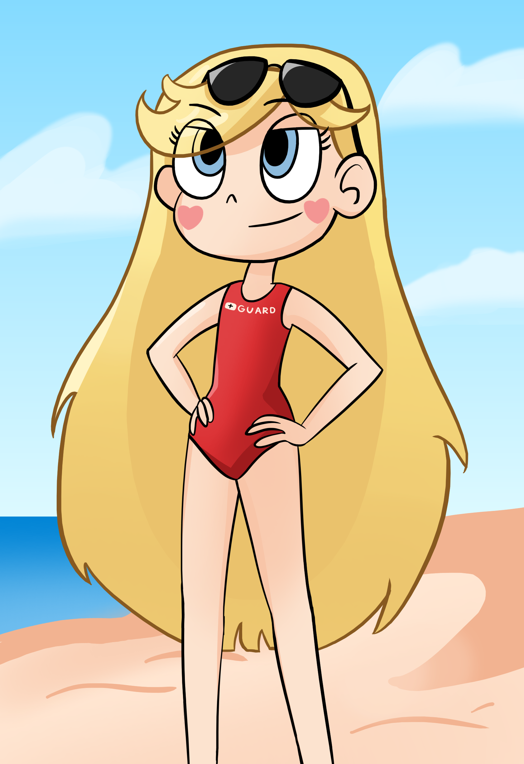 A drawing of a girl with long blond hair. There are black sunglasses on top of her head, and small pink hearts on her cheeks. She is dressed in a red swimsuit that says "lifeguard". The background appears to be a beach scene.